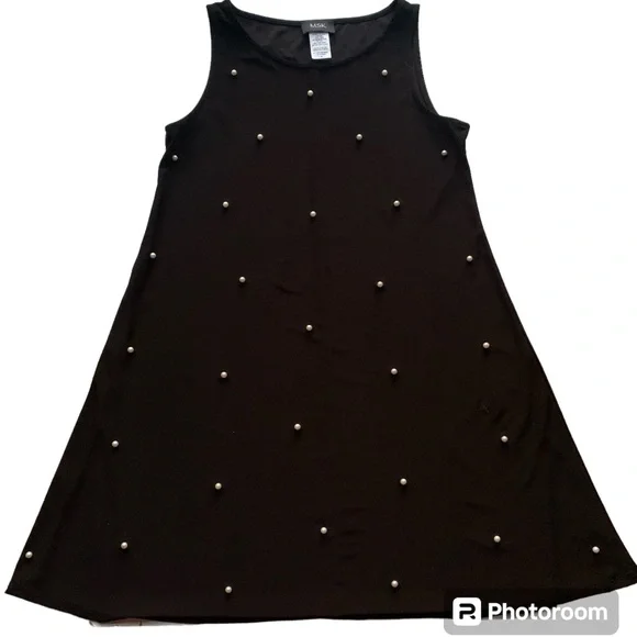 MSK Womens Sleeveless Black with White pearl dress Size M.